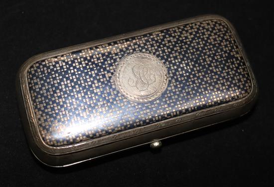 A 19th century Russian 84 zolotnik silver and niello cigarette box, 3.75in.